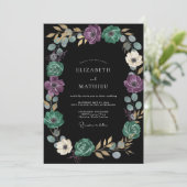 Schwarze Amethyst-Girlande Hochzeit Einladung (Stehend Vorderseite)