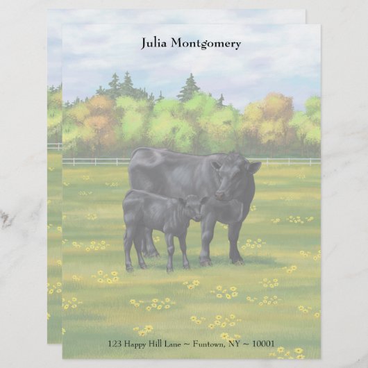 Schwarze Angus Kuh & Niedliches Kalb im Sommer Wei Briefbogen (Vorne/Hinten)