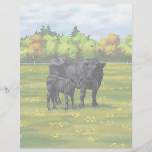 Schwarze Angus Kuh & Niedliches Kalb im Sommer Wei Briefbogen (Rückseite)