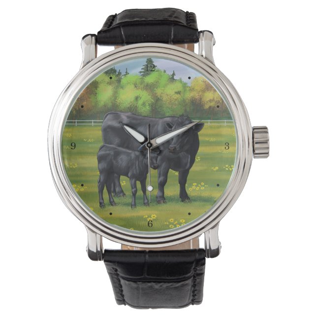 Schwarze Anguskühe und Niedliches Kalb im Sommerwe Armbanduhr (Vorderseite)