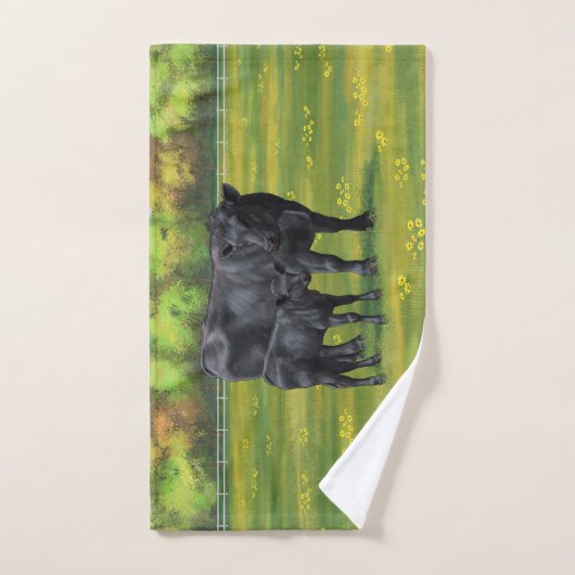 Schwarze Anguskühe und Niedliches Kalb im Sommerwe Badhandtuch Set (Handtuch)