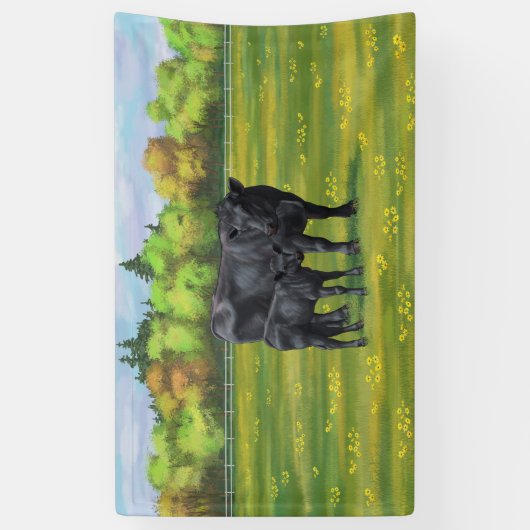 Schwarze Anguskühe und Niedliches Kalb im Sommerwe Banner (Vertikal)