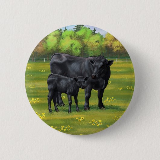 Schwarze Anguskühe und Niedliches Kalb im Sommerwe Button (Vorderseite)