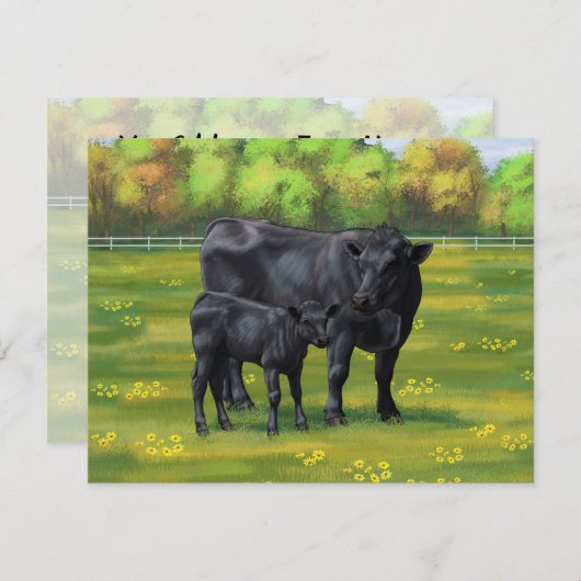 Schwarze Anguskühe und Niedliches Kalb im Sommerwe Einladung (Vorne/Hinten)
