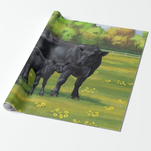 Schwarze Anguskühe und Niedliches Kalb im Sommerwe Geschenkpapier (Ungerollt)