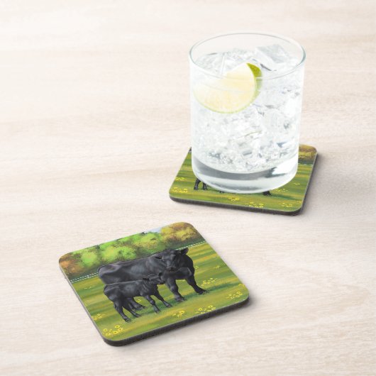 Schwarze Anguskühe und Niedliches Kalb im Sommerwe Getränkeuntersetzer (Rechte Seite)