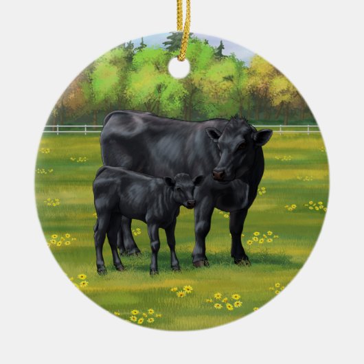 Schwarze Anguskühe und Niedliches Kalb im Sommerwe Keramik Ornament (Vorne)