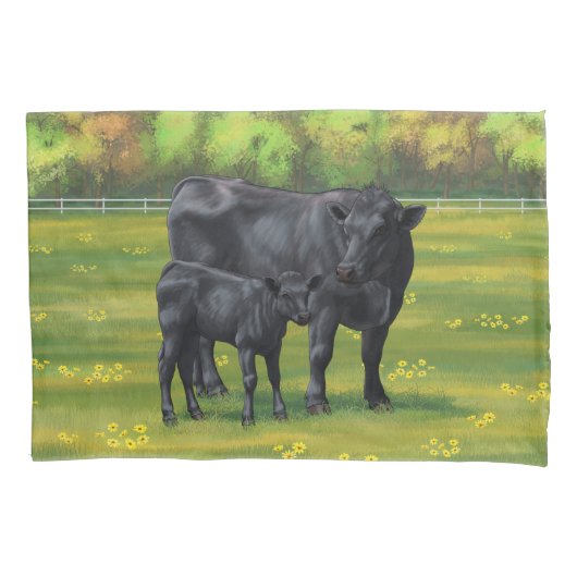 Schwarze Anguskühe und Niedliches Kalb im Sommerwe Kissenbezug (Vorderseite-Links)