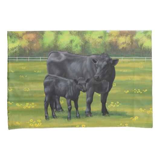 Schwarze Anguskühe und Niedliches Kalb im Sommerwe Kissenbezug (Vorderseite-Rechts)
