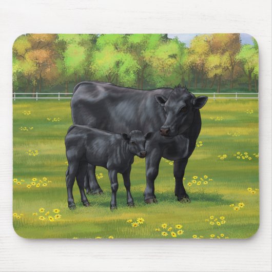 Schwarze Anguskühe und Niedliches Kalb im Sommerwe Mousepad (Vorne)