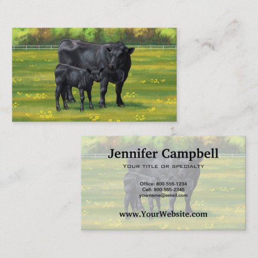 Schwarze Anguskühe und Niedliches Kalb im Sommerwe Visitenkarte (Vorne/Hinten)