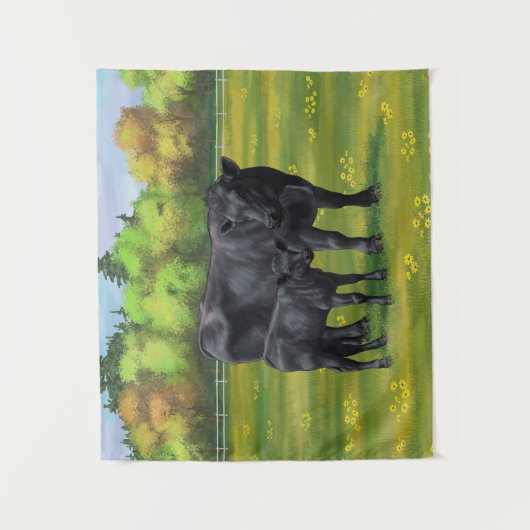 Schwarze Anguskühe und Niedliches Kalb im Sommerwe Wandteppich (Vorderseite)