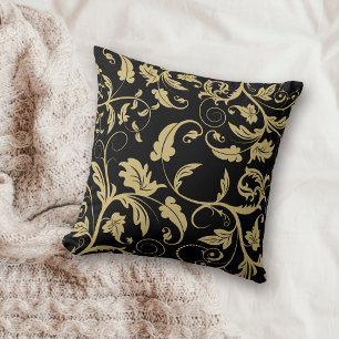 Schwarze Antique Gold Retro Leaf Swirl Kissen