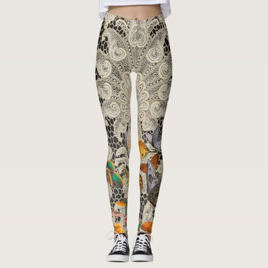 SCHWARZE ANTIQUE LACE PATTERN SCHALTFLÄCHE LEGGING LEGGINGS (Vorderseite)