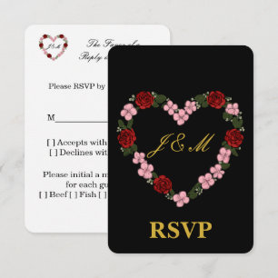 Schwarze Antwortkarte mit rosa und rotem Herzen RSVP Karte