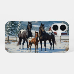 Schwarze Appaloosa Pferde auf einem Bauernhof im W iPhone 16 Hülle