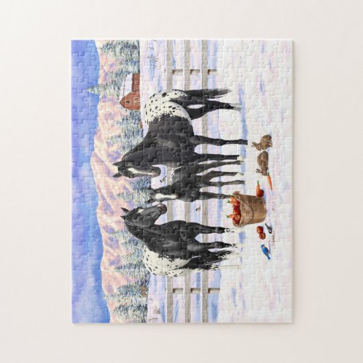 Schwarze Appaloosa Pferde auf einem schneebedeckte Puzzle (Vertikal)