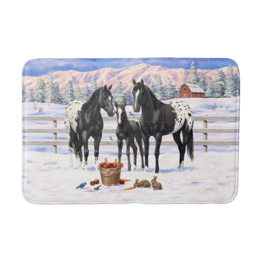 Schwarze Appaloosa Pferde im Schnee Badematte (Vorderseite)