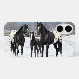 Schwarze Appaloosa Pferde im Schnee iPhone 16 Hülle