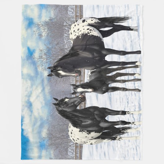 Schwarze Appaloosa Pferde im Schnee Fleecedecke (Vorderseite)