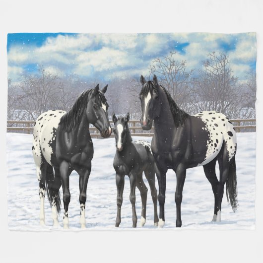 Schwarze Appaloosa Pferde im Schnee Fleecedecke (Vorderseite (Horizontal))
