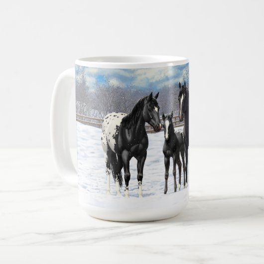 Schwarze Appaloosa Pferde im Schnee Kaffeetasse (Vorderseite Links)