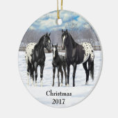 Schwarze Appaloosa Pferde im Schnee Keramik Ornament (Links)