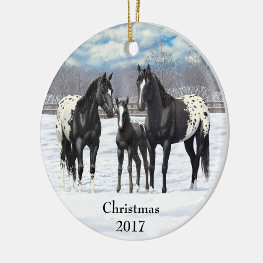 Schwarze Appaloosa Pferde im Schnee Keramik Ornament (Links)