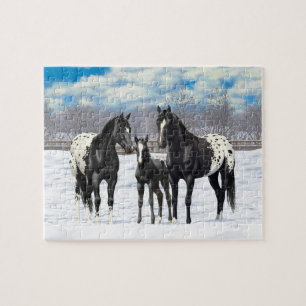 Schwarze Appaloosa Pferde im Schnee Puzzle