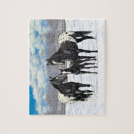 Schwarze Appaloosa Pferde im Schnee Puzzle (Vertikal)