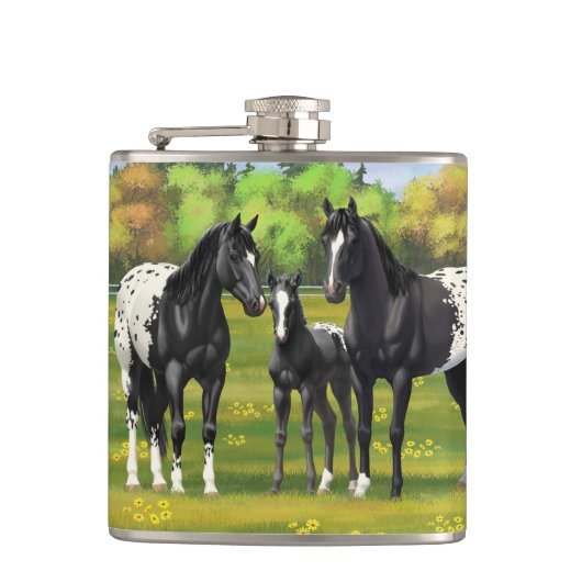Schwarze Appaloosa Pferde im Sommer Weide Flachmann (Vorderseite)