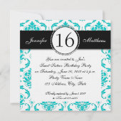 Schwarze Aqua-Damast-16. Geburtstag-Party Einladung (Rückseite)