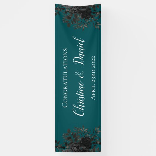 Schwarze Aquamarine Rose Gothic Elegante Hochzeit Banner (Vertikal)
