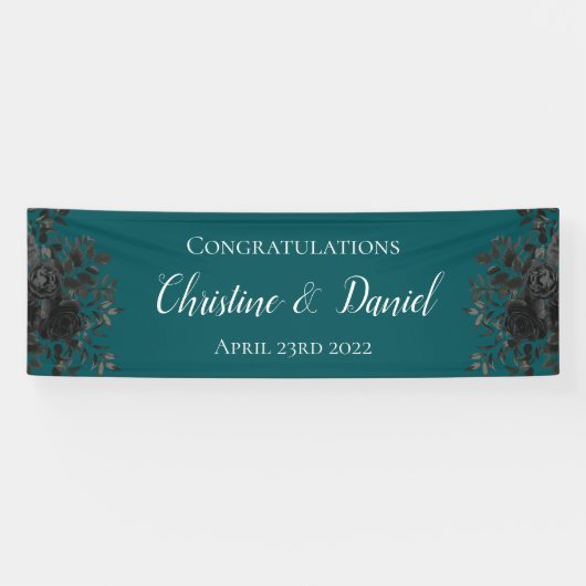 Schwarze Aquamarine Rose Gothic Elegante Hochzeit Banner (Horizontal)