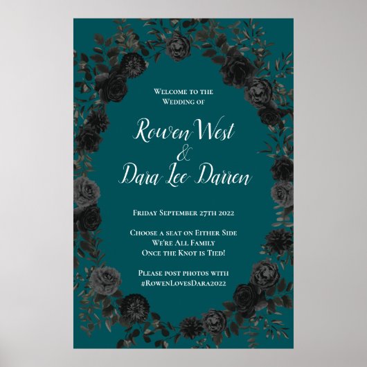 Schwarze Aquamarine Rose Gothic Elegante Hochzeit Poster (Vorne)