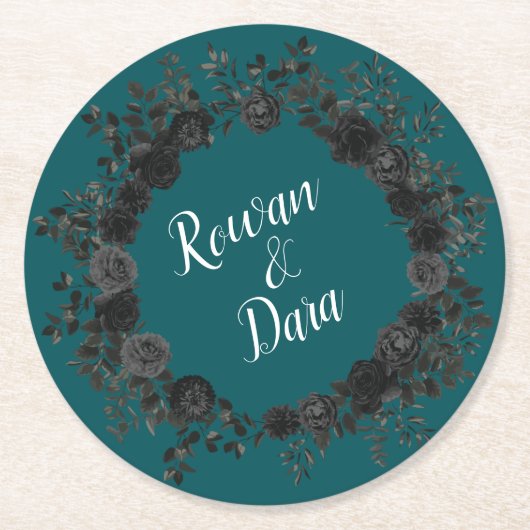 Schwarze Aquamarine Rose Gothic Elegante Hochzeit Runder Pappuntersetzer (Vorderseite)