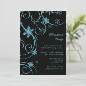Schwarze aquamarine Schneeflocken Party Einladung (Stehend Vorderseite)