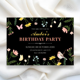 Schwarze Aquarell-Blumen-Frühlings-Geburtstag Einladung