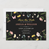Schwarze Aquarell-Blumen-Hochzeit im Frühling Save The Date (Vorderseite)