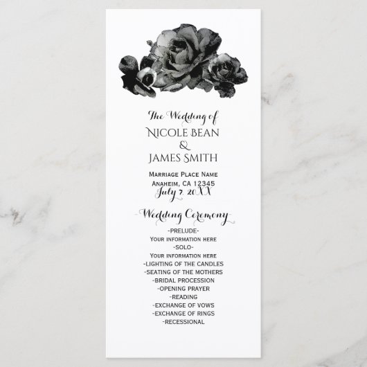 Schwarze Aquarell-Rosen Elegantes Hochzeitsprogram Programm (Vorderseite)