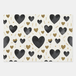 Schwarze Aquarell- und Gold-Glitter-Herzen Geschenkpapier Set