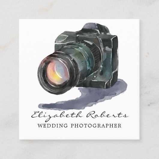 Schwarze Aquarellkamera Gold Hochzeitfotograf Quadratische Visitenkarte (Vorderseite)