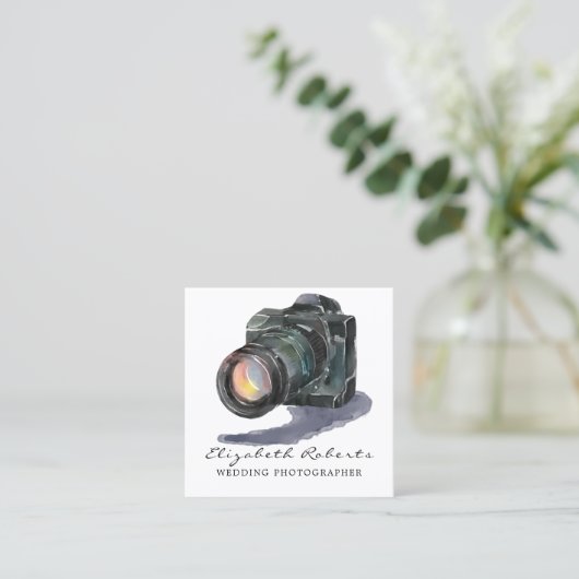 Schwarze Aquarellkamera Gold Hochzeitfotograf Quadratische Visitenkarte (Stehend Vorderseite)