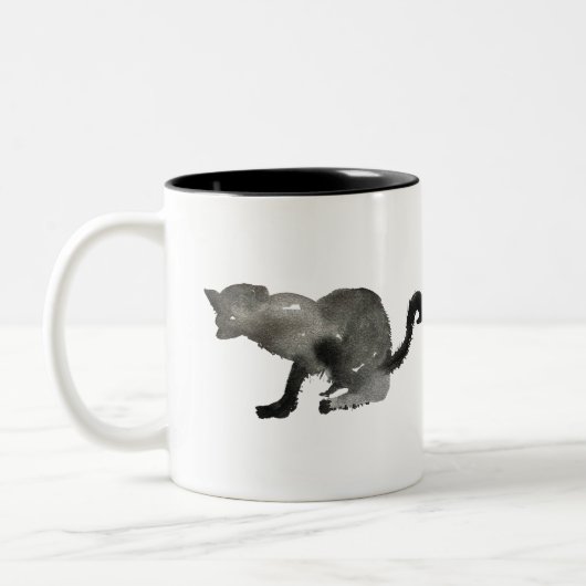 Schwarze Aquarellkatze Zweifarbige Tasse (Links)