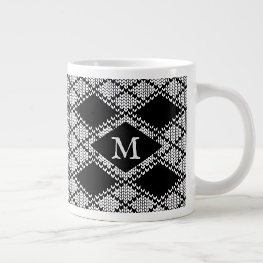 SCHWARZE ARGYLE-STRICK-Großtasse + Initiale Jumbo-Tasse (Rechts)