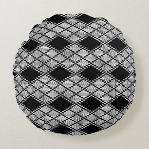 SCHWARZE ARGYLE-STRICK-RUND-WURF-KISCHENDECKEL RUNDES KISSEN