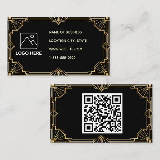 Schwarze Art Deco QR Code Visitenkarte im Gold-Opt (Vorne/Hinten)
