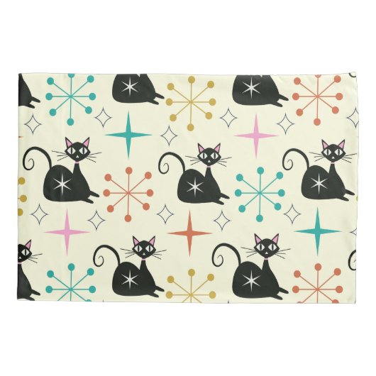 Schwarze Atomkatzen aus der Mitte des Jahrhunderts Kissenbezug (Rückseite)