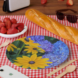 Schwarze Augen Susanne und Blaue Hortensie Blumen Pappteller