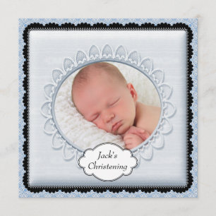 Schwarze Baby-Blau-Jungen-Foto-Tauf-Einladungen Einladung